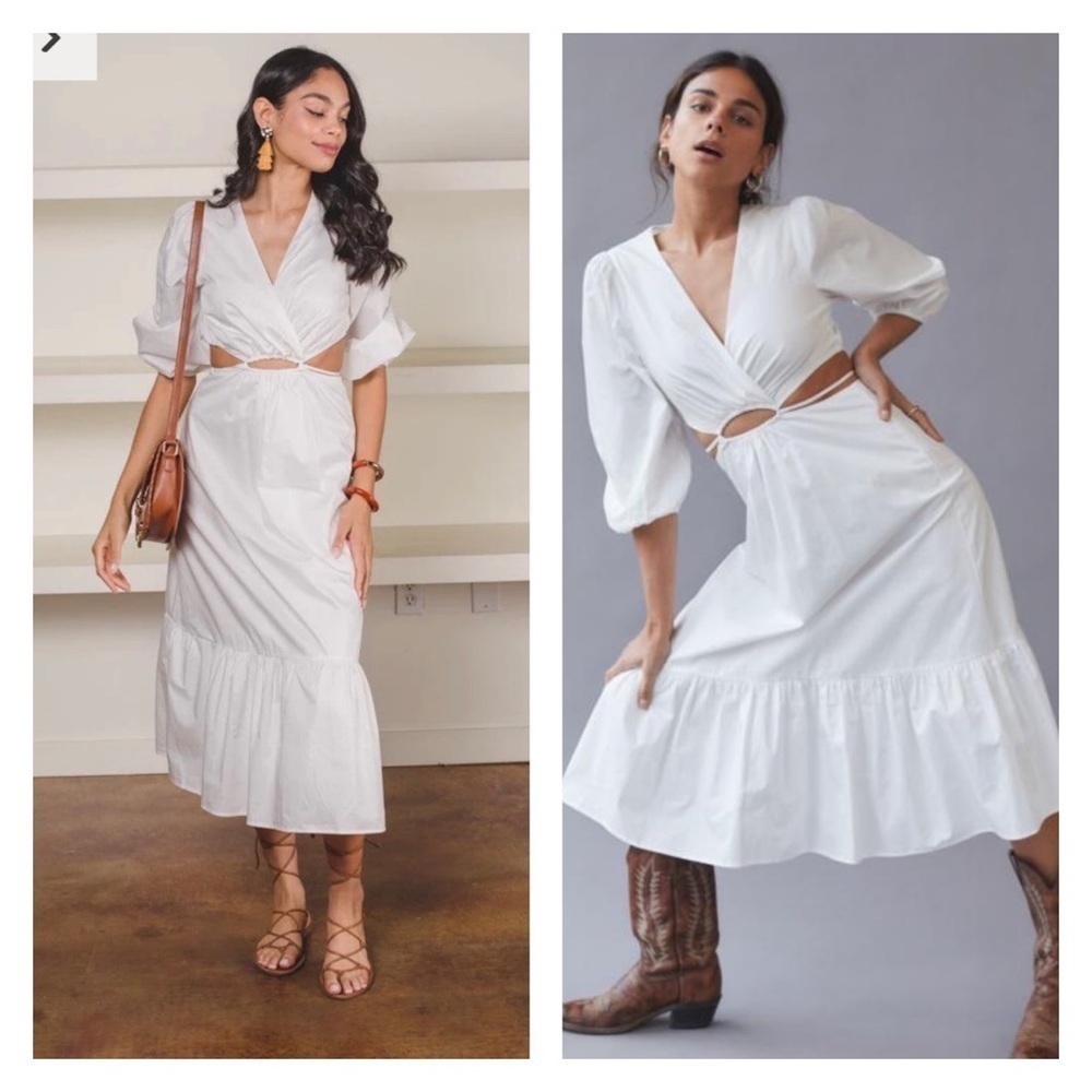 ASTR White Cutout Surplice Midi Dress Puff Sleeve Resort Vacation L NWT - Picture 9 of 14